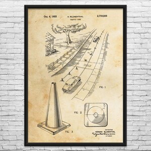 May include: Framed vintage print of a traffic cone patent from Oct. 4, 1955. The black and white illustration shows a traffic cone, road, and cars. The print includes the inventor's name and patent number.