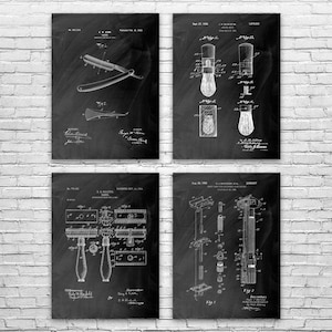 Shaving Patent Posters Set of 4, Barber Shop Decor, Barber Gift, Bathroom Wall Art, Shaving Gift, Fashion Decor, Hair Stylist Gift