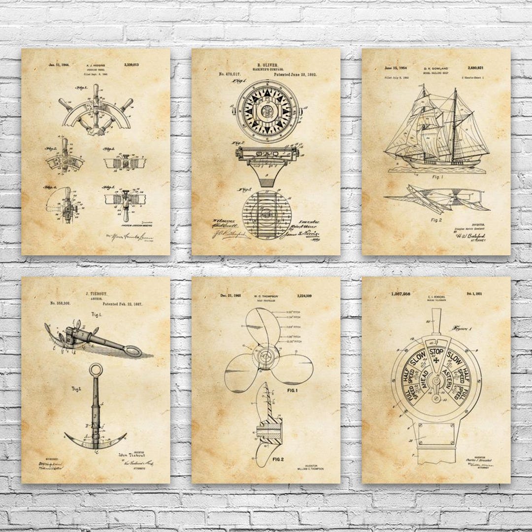 Nautical Patent Wall Art Set of 6: Sailing Gift, Boating Art - Etsy
