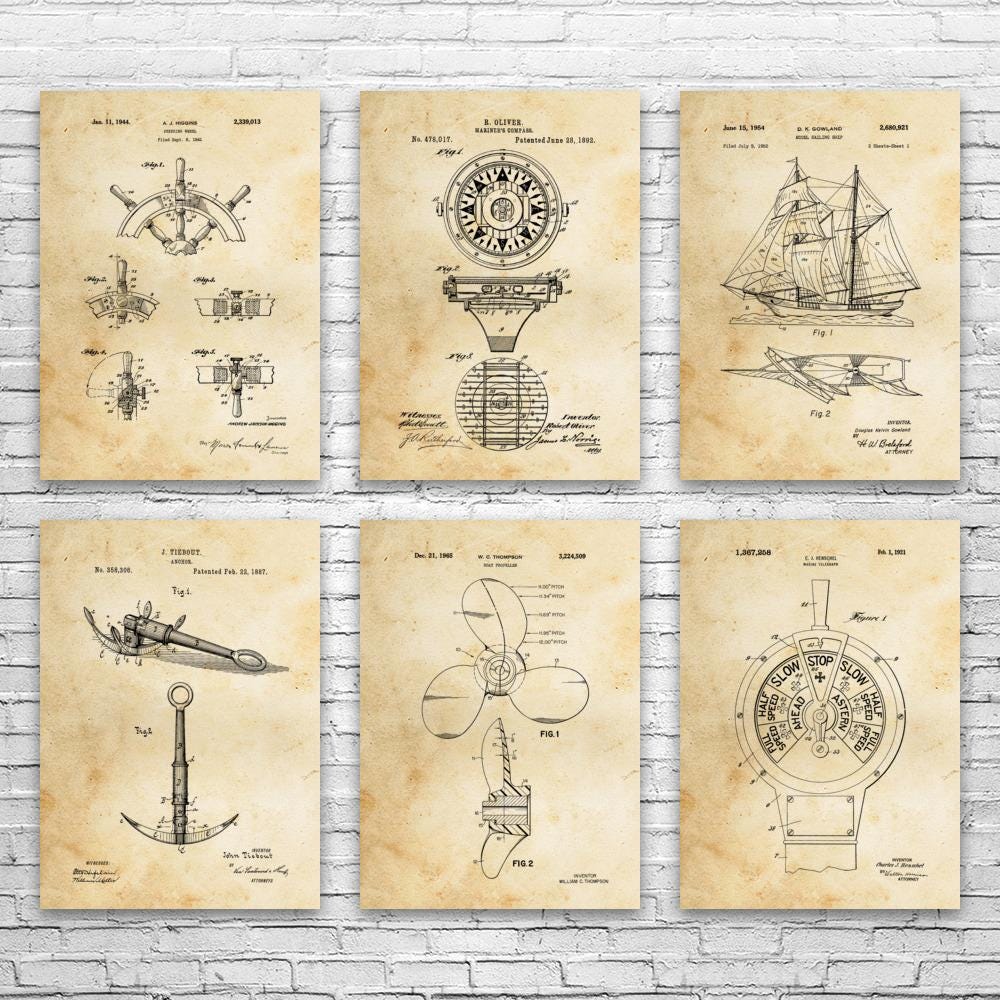 Nautical Patent Wall Art Set of 6: Sailing Gift, Boating Art - Etsy