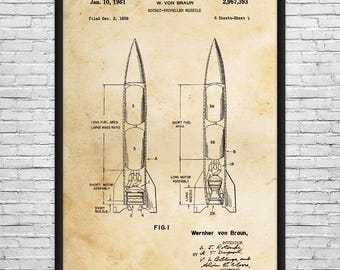 Von Braun Rocket Patent Art Print: V2 Rocket Blueprint, Engineer Gift