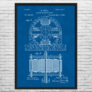 Nikola Tesla Electromagnetic Motor Patent Art Print: Nikola Tesla Art, Technology Gift Blueprint