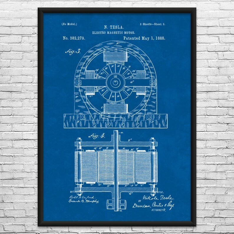 Nikola Tesla Electromagnetic Motor Patent Art Print: Nikola Tesla Art, Technology Gift Blueprint