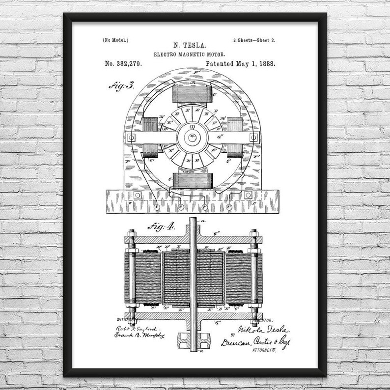 Nikola Tesla Electromagnetic Motor Patent Art Print: Nikola Tesla Art, Technology Gift Black & White
