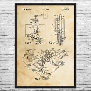 May include: Patent print featuring technical diagrams and schematics, including "Fig 1", "Fig 2", and "Fig 3". The print includes the text "U.S. Patent" and "June 9, 1992". The diagrams are in black ink on a beige background, framed in black.