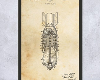 Framed Aerial Bomb Wall Art Print, Munitions Technician, Fighter Pilot Gift, Military Blueprint, Military Science, Ballistics Engineer