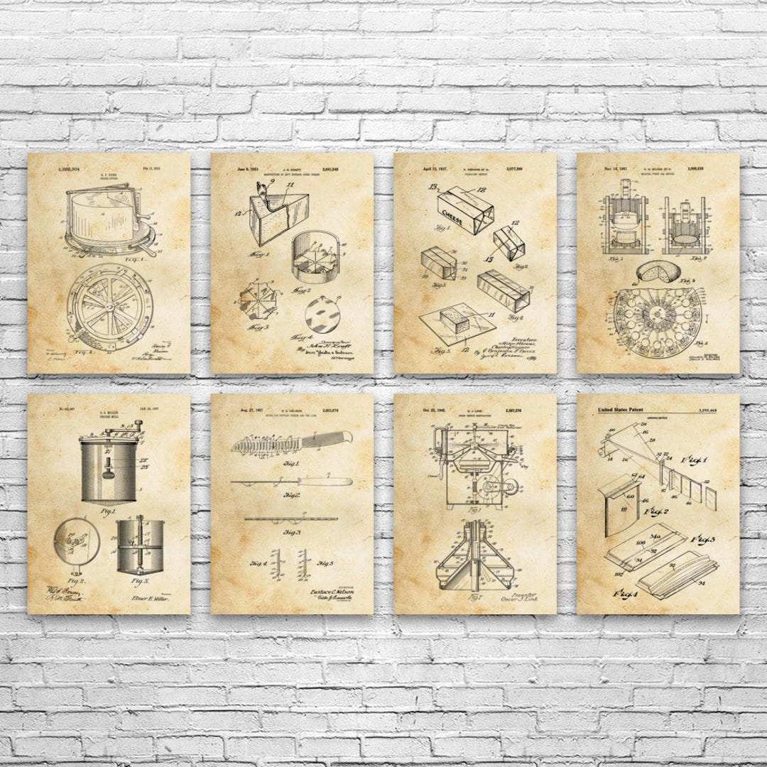 Cheese Patent Wall Art Set of 8 | Poster, Canvas or Framed | Dairy Art ...