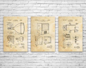 Retro TV Patent Wall Art Set of 3: Engineer Gifts, Technology Art