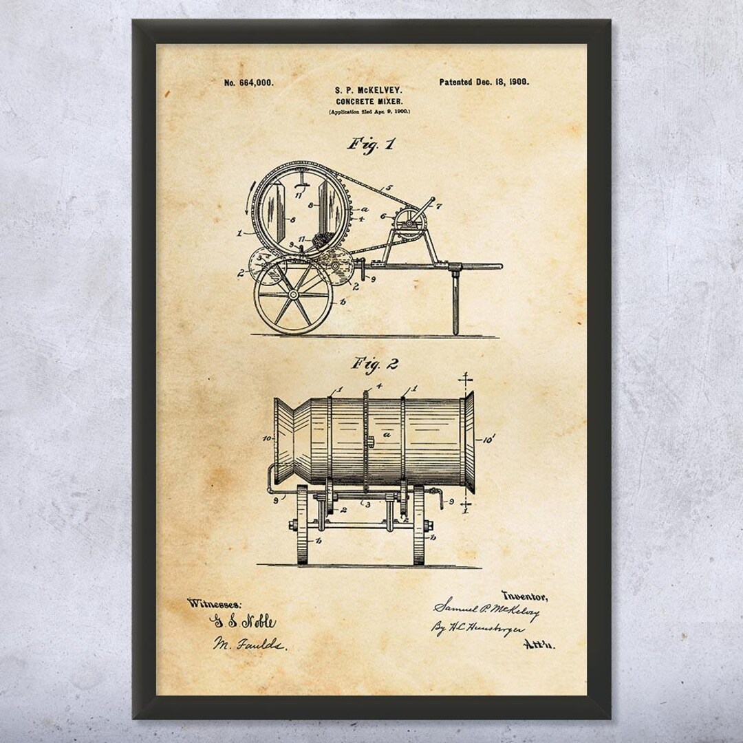 Concrete Mixer Patent Wall Art | Poster, Canvas or Framed | Road Worker ...