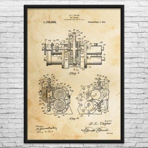 May include: A framed vintage print of a gas turbine patent drawing. The print features detailed technical illustrations with labels and the text "D.L. Taylor, Gas Turbine" and patent information. The background is a sepia tone.