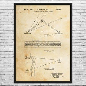 May include: A framed vintage patent print, dated November 27, 1934, detailing a system for detecting objects by radio. The print features technical diagrams and text, including the names A. H. Taylor et al. and the patent number 1,981,884.