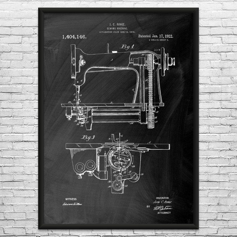 Sewing Machine Patent Art Print: Seamstress, Tailor Gifts Black Chalkboard