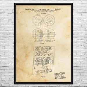 May include: A framed vintage patent print, dated March 14, 1961, featuring technical diagrams and schematics. The print includes text detailing a simplified ground controlled approach system, with adaptations for surveillance, precision approach, taxi, and height finding.