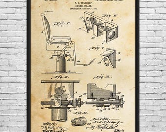 1903 Barber Chair Patent Art Print: Barber Shop Decor, Hair Stylist