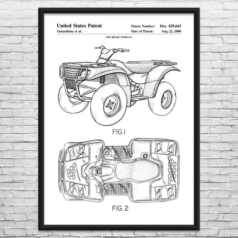 Four Wheeler Patent Art Print: Outdoorsman Gifts, Farmhouse Decor Black & White