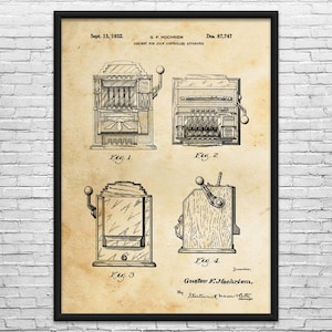 May include: A framed vintage print featuring four detailed diagrams of a coin-operated apparatus, likely a slot machine, with technical drawings and labels. The print includes the date "Sept. 13, 1932" and the name "G. F. Hochriem."