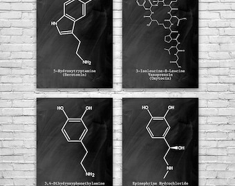 Neurotransmitter Molecules Wall Art Set of 4: Serotonin Art, Biologist Gifts