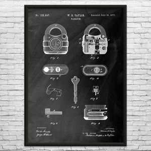 Padlock Patent Art Print: Locksmith Gift, Workshop Decor Black Chalkboard