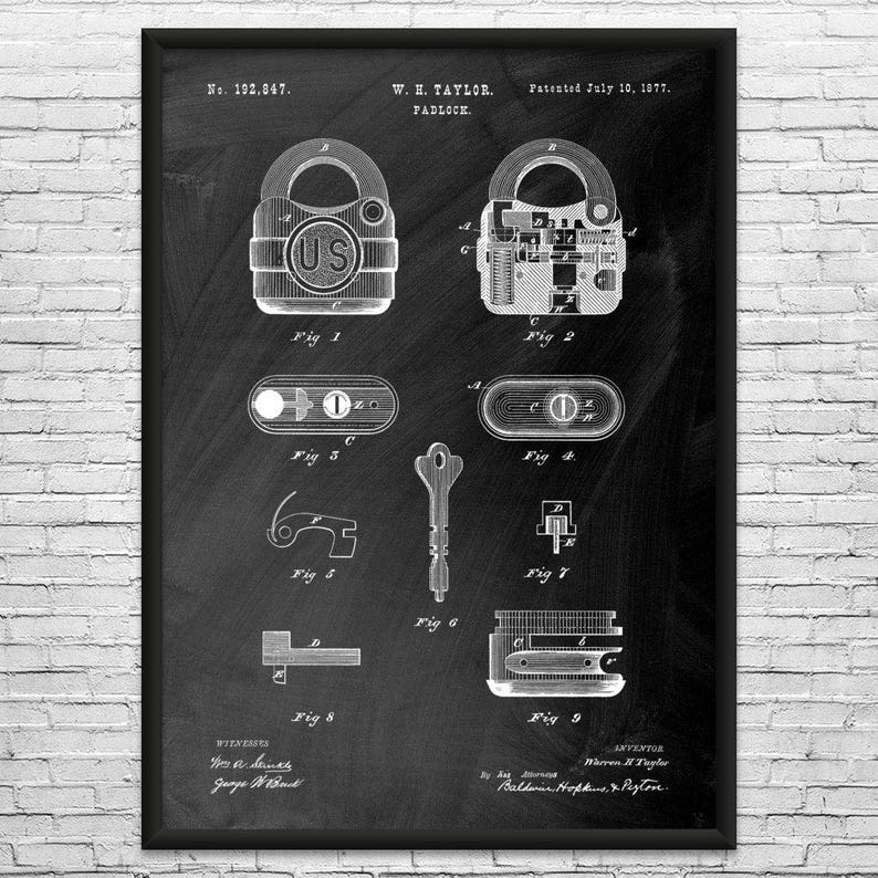 Padlock Patent Art Print: Locksmith Gift, Workshop Decor Black Chalkboard
