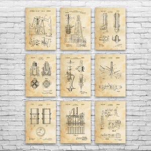 Oil Well Patent Wall Art Set of 9 | Poster, Canvas or Framed | Rig Worker, Oil Industry Art, Energy Contractor, Petroleum Engineer