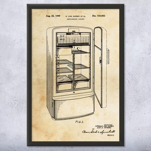Refrigerator Patent Wall Art | Poster, Canvas or Framed | Culinary Gifts, Kitchen Decor, Chef Gift, Restaurant Decor, Cooking Gift, Cafe Art