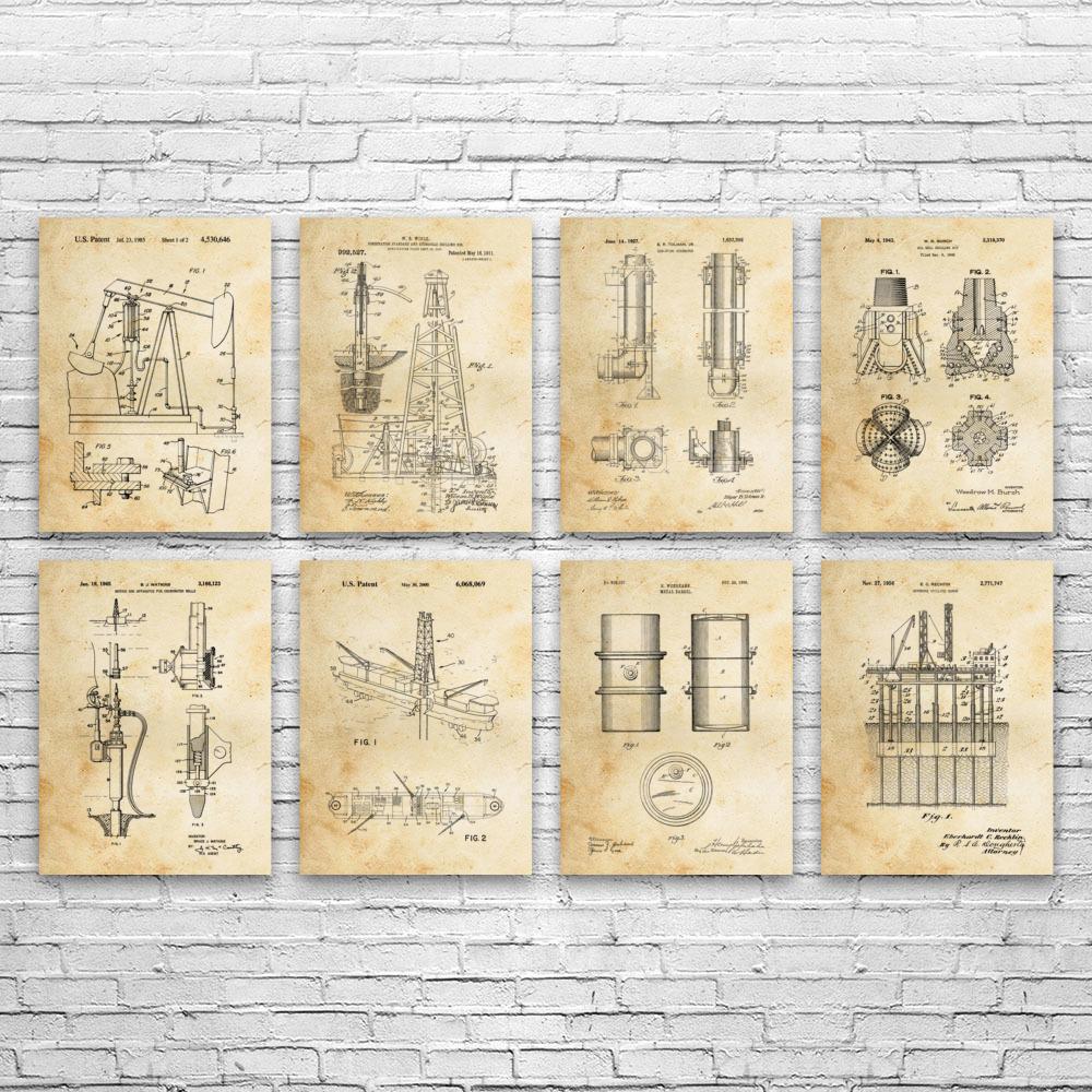 Oil Well Patent Wall Art Set of 8 | Poster, Canvas or Framed | Oil Rig Worker, Engineering Decor, Industrial Art, Energy Engineer