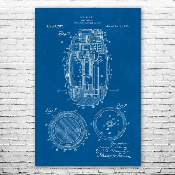 Hand Grenade Poster Print, EOD Technician, Soldier Gift, World War Decor, Veteran Gift, Grenade Blueprint, Marine Gift, Military Wall Art