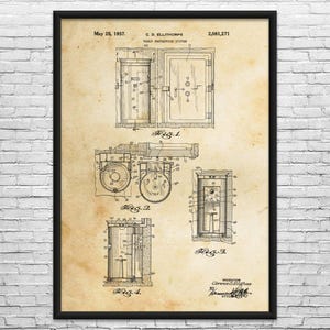May include: Framed vintage blueprint of a vault protective system, dated May 25, 1937. The sepia-toned print features detailed technical drawings of vault doors and mechanisms, with the inventor's name and patent number visible.