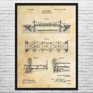 May include: Framed vintage patent print of a suspension bridge, dated January 28, 1902. The print features detailed technical drawings and text, including the inventor's name, Nelson H. Sturgis, and the patent number 691,982. The artwork is displayed in a black frame.