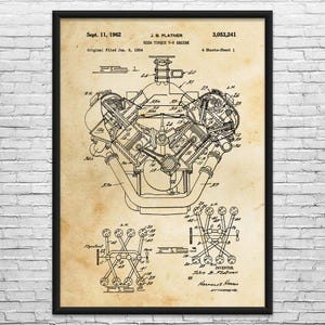 May include: Framed vintage blueprint of a High Torque V-8 Engine, dated September 11, 1962. The black and white technical drawing includes detailed schematics and text, with the inventor's name and patent information. The print is in a black frame.