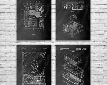 Lot de 4 affiches sur le matériel informatique, impressions de brevets, art mural, décoration de bureau à domicile