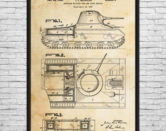 May include: A framed vintage blueprint of an insulated military tank and other vehicle, dated 20 November 1945. The blueprint features detailed technical drawings and annotations, including side and top views. The frame is black.