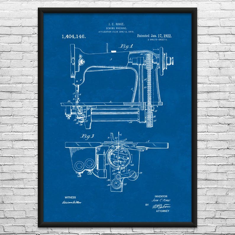Sewing Machine Patent Art Print: Seamstress, Tailor Gifts Blueprint