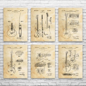 Guitar Patent Posters Set of 6, Guitarist Gift, Guitar Wall Art, Musician Gift, Guitar Decor, Guitar Art Print, Guitar Player Gift