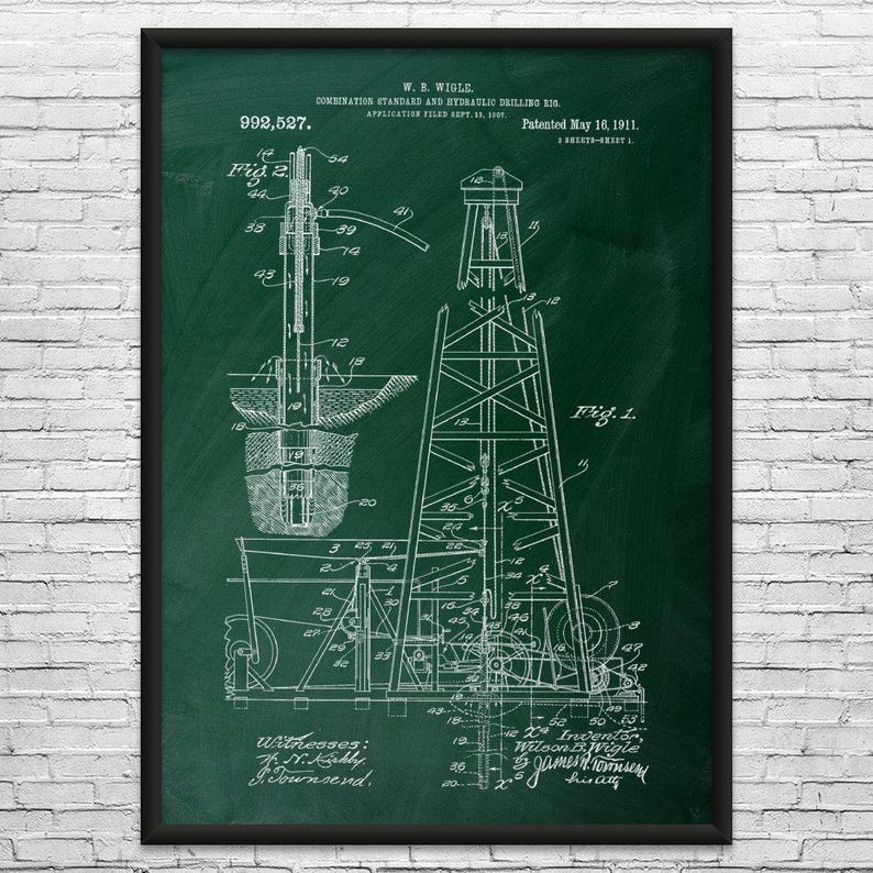 Oil Drilling Rig Patent Art Print: Rig Worker, Roughneck Gift Green Chalkboard