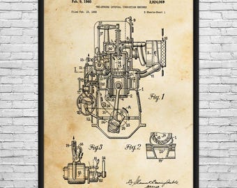 Two Stroke Engine Patent Art Print: Gearhead Gift, Engine Blueprint