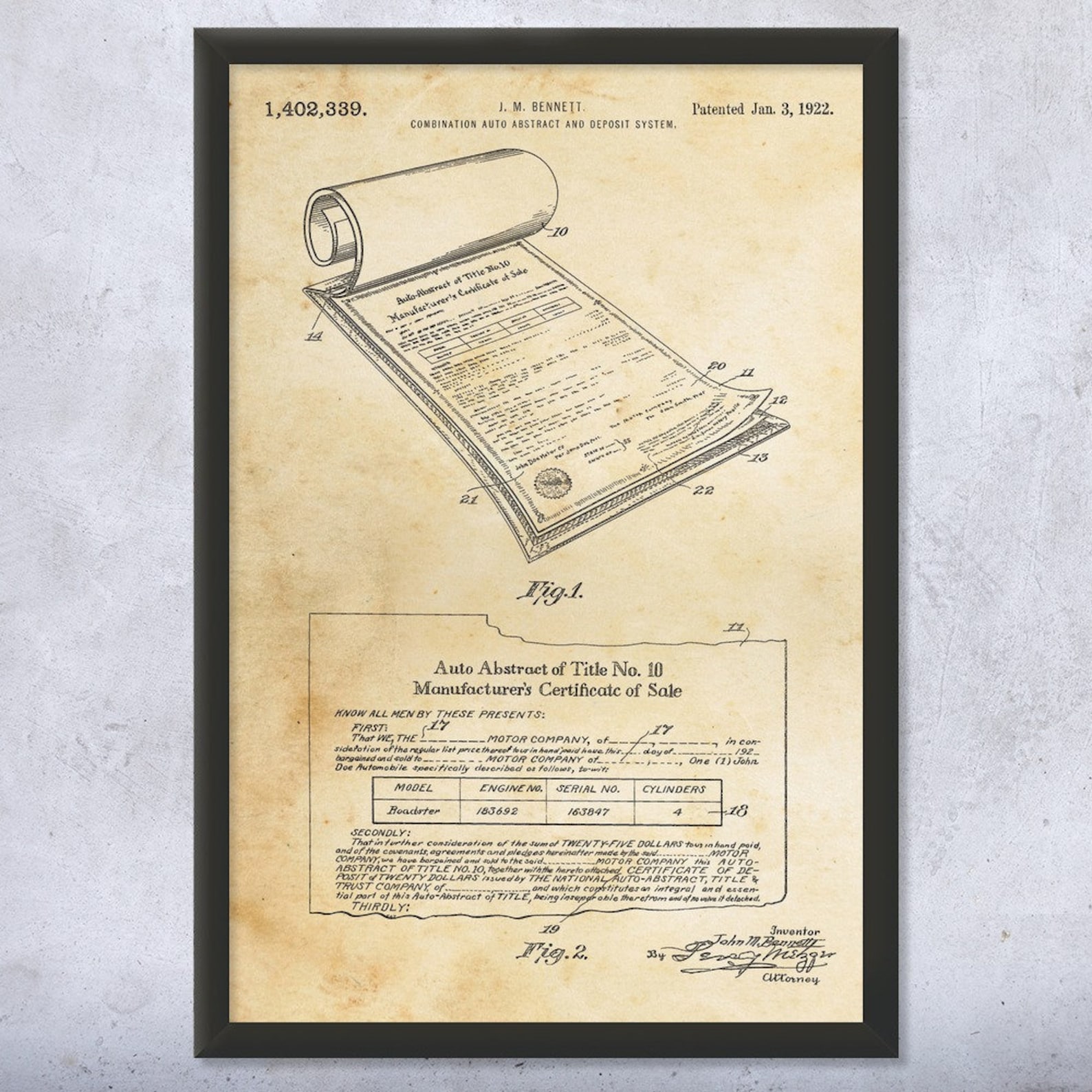 Framed Car Title Print Dealership Decor Floor Manager Car