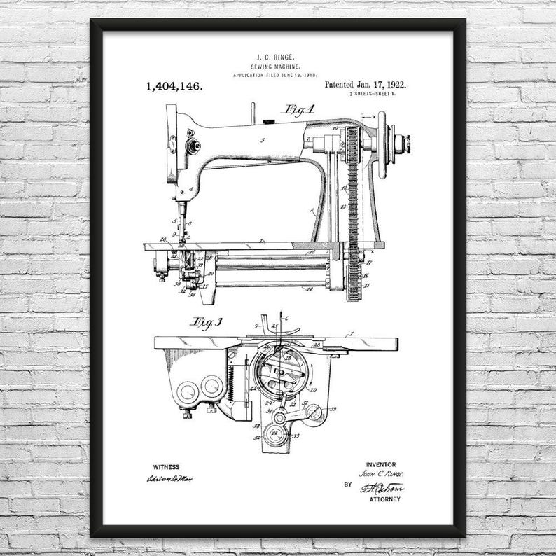 Sewing Machine Patent Art Print: Seamstress, Tailor Gifts Black & White