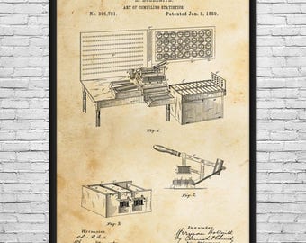 May include: Framed vintage patent print of H. Hollerith's "Art of Compiling Statistics," patented January 8, 1889. The sepia-toned print features detailed technical drawings of early data processing machines, including a punch card system.