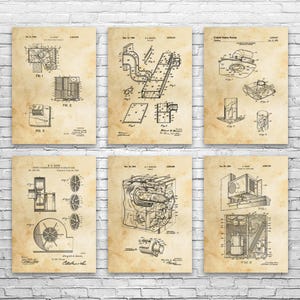 May include: Six vintage patent prints featuring detailed technical drawings in black ink on aged paper. The prints showcase various mechanical designs, including diagrams and schematics, perfect for industrial decor.