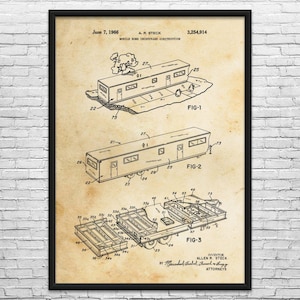 May include: Framed vintage blueprint of a mobile home underframe construction, dated June 7, 1966. The print features detailed technical drawings of the mobile home's structure, including diagrams labeled FIG-1, FIG-2, and FIG-3. The print is in black and white.