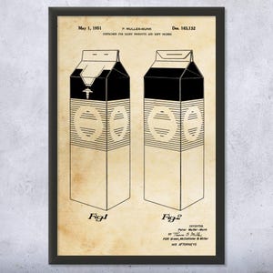 Milk Carton Patent Wall Art | Poster, Canvas or Framed | Chef Gift, Milk Art, Culinary Gifts, Dairy Decor, Kitchen Artwork, Pantry Art