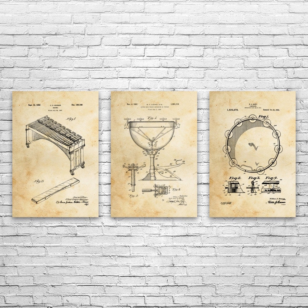 Percussion Section Marimba Concerto Patent Earth Percussion Instrument Posters Set of 3 Marimba Player Gift Symphony Orchestra 