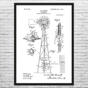 Lámina artística con patente de molino de viento: Regalo para agricultores, Arte para parques eólicos Black & White