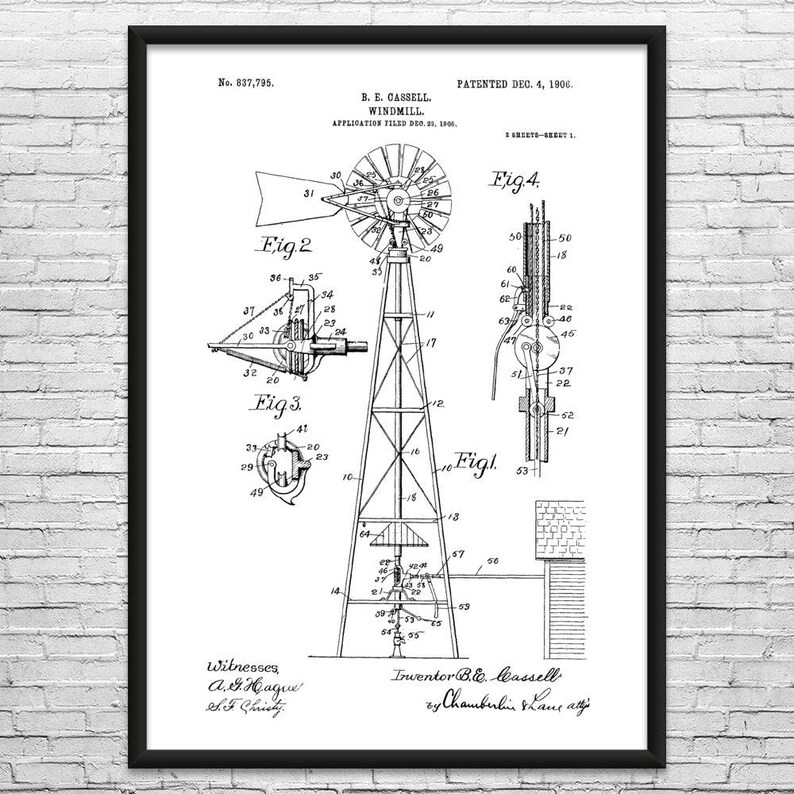 Lámina artística con patente de molino de viento: Regalo para agricultores, Arte para parques eólicos Black & White