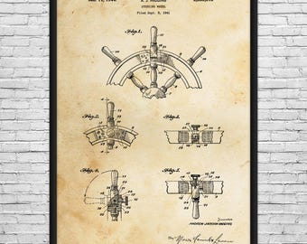 May include: A framed vintage patent illustration of a steering wheel, dated January 11, 1944. The sepia-toned print features detailed technical drawings and the inventor's name, Andrew Jackson Higgins. The print is in a black frame.