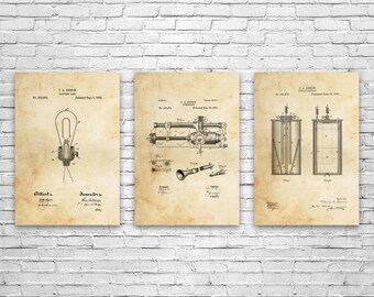 Thomas Edison Patent Wall Art Set of 3 | Poster, Canvas or Framed | Lightbulb Blueprint, Engineer Gift, Physics Lab Art, Classroom Art