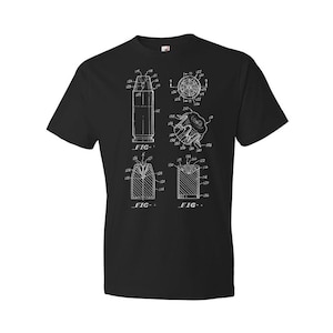 May include: Black t-shirt with a white print of a bullet patent diagram. The diagram shows different views of the bullet, labeled "FIG. 1", "FIG. 2", and "FIG. 3".