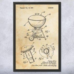 Charcoal Kettle Grill Patent Wall Art | Poster, Canvas or Framed | Bbq Gift, Restaurant Art, Chef Gift, Kitchen Art, Cafeteria Art