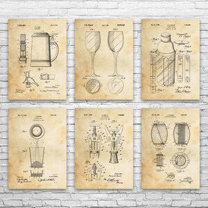 Bar Patent Wall Art Set of 6 | Poster, Canvas or Framed | Brewing Gift, Beer Wall Art, Oktoberfest Decor, Bartender Gift, Restaurant Art